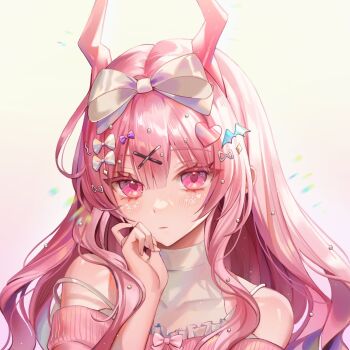 1girl bat_hair_ornament blunt_bangs blush bow closed_mouth clothing_cutout frills hair_bow hair_ornament hand_up heart heart_hair_ornament highres horns long_hair looking_at_viewer original parted_hair pink_bow pink_eyes pink_hair pink_sweater shoulder_cutout sparkle_hair_ornament strap_slip sweater wavy_hair white_background white_bow x_hair_ornament yp1091