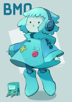 1other adventure_time aqua_boots aqua_hair aqua_skin bmo boots character_name colored_skin headphones highres humanization long_sleeves mimo_ugr5 other_focus shadow wide_sleeves