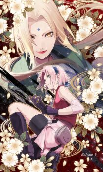 2girls absurdres adjusting_clothes adjusting_gloves ass bare_shoulders bike_shorts black_boots black_gloves black_shorts blonde_hair boots closed_mouth commentary_request elbow_pads elbow_sleeve facial_mark flower forehead_mark forehead_protector gloves green_eyes grey_kimono hairband happi haruno_sakura highres japanese_clothes kimono lipstick long_hair looking_at_viewer makeup miniskirt multiple_girls naruto_(series) naruto_shippuuden ninja on_one_knee overskirt pink_hair pink_skirt putting_on_gloves red_lips red_shirt shiino_9 shirt short_hair shorts skirt sleeveless sleeveless_shirt slouching smile tsunade_(naruto) twitter_username watermark yellow_flower