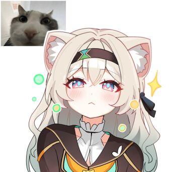 1girl :&lt; animal_ears black_ribbon blush brown_hairband brown_jacket cat_ears closed_mouth collared_shirt commentary devl_ga_aru firefly_(honkai:_star_rail) gradient_hair green_pupils hair_between_eyes hair_intakes hair_ornament hair_ribbon hairband highres honkai:_star_rail honkai_(series) jacket long_hair multicolored_eyes multicolored_hair ribbon shirt simple_background solo sparkle star_(symbol) symbol-only_commentary white_background white_shirt