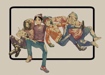 Rule 34 | 4boys, agaeha1234, aged up, animification, black boots, black gloves, black hair, blonde hair, blue eyes, blue hat, blue pants, blush, boots, breast pocket, brown hair, brown jacket, brown pants, clenched hand, closed mouth, coat, collared jacket, commentary request, covered mouth, crossed legs, denim, eric cartman, fingernails, full body, fur-trimmed headwear, fur-trimmed hood, fur trim, gloves, green eyes, green gloves, green hat, grey background, hair between eyes, half-closed eyes, hand on another's face, hand on another's shoulder, hat, highres, holding, holding sketchbook, hood, hooded coat, jacket, kenny mccormick, korean commentary, kyle broflovski, leg up, long sleeves, looking at another, looking at object, male focus, multiple boys, orange coat, orange jacket, pants, pocket, pom pom (clothes), puffy long sleeves, puffy sleeves, red hair, red jacket, red shoes, shoes, short hair, simple background, sitting, sketchbook, sneakers, south park, spread legs, stan marsh, teeth, v-shaped eyebrows, white gloves, white shoes