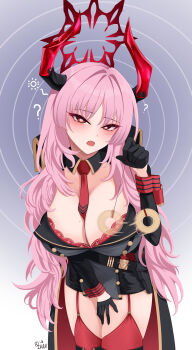 1girl 82jhin ? absurdres between_breasts black_gloves blue_archive bra bra_peek breasts cleavage coin coin_on_string cowboy_shot demon_horns detached_collar fangs garter_straps gloves half_gloves halo highres holding holding_pendulum holed_coin horns huge_breasts hypnosis hypnotizing_viewer large_breasts long_hair long_sleeves looking_at_viewer mind_control mole mole_on_breast multicolored_horns necktie necktie_between_breasts open_mouth pendulum pink_hair red_bra red_garter_straps red_halo red_horns red_necktie red_thighhighs red_wrist_cuffs satsuki_(blue_archive) solo standing teeth thighhighs two-tone_horns underwear wrist_cuffs
