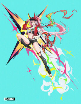 1girl absurdres artist_name asymmetrical_sleeves baseball_cap belt black_hat black_leg_warmers black_nails black_shorts blue_background breasts bridal_gauntlets commentary_request crop_top cropped_jacket fang fingerless_gloves fishnet_bridal_gauntlets fishnet_top fishnets floating floating_hair full_body gloves green_eyes hair_through_headwear hand_on_headwear hand_up hat highres holding holding_weapon honkai:_star_rail honkai_(series) horned_hat jacket k_juni leg_warmers long_hair looking_at_viewer medium_breasts midriff navel no_shoes o-ring open_clothes open_jacket parted_lips pink_hair ponytail rappa_(honkai:_star_rail) red_arm_warmers red_jacket shirt short_shorts shorts sidelocks single_glove solo tied_shirt toeless_legwear uneven_sleeves very_long_hair weapon white_belt white_shirt wrist_belt zipper