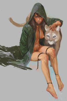 1girl 1other animal blue_eyes breasts brown_hair collar cougar far_cry far_cry_5 female_pubic_hair grey_eyes highres hood hooded_jacket ikeda_masateru jacket jess_black large_breasts leash long_hair looking_at_viewer medium_breasts naked_jacket peaches_(far_cry_5) pubic_hair scar scar_on_face