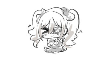 &gt;_&lt; 1girl blush chibi closed_eyes closed_mouth dress eighth_note eyepatch facing_viewer greyscale hair_between_eyes idolmaster idolmaster_cinderella_girls kanzaki_ranko kawamochi_(kawauti919) long_hair medical_eyepatch monochrome musical_note simple_background solo twintails very_long_hair white_background