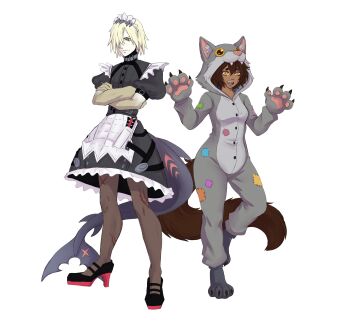Rule 34 | 1boy, 1girl, absurdres, animal costume, beastman, blonde hair, brown fur, brown hair, colored skin, crossover, dark-skinned female, dark skin, ellen joe, fins, fish tail, formal clothes, high heels, highres, maid, nyansmiledog, oc x canon, scar, shark tail, suit, tail, tengen toppa gurren lagann, viral (ttgl), white background, white skin, wolf costume, wolf girl, wolf tail, yellow eyes, zenless zone zero