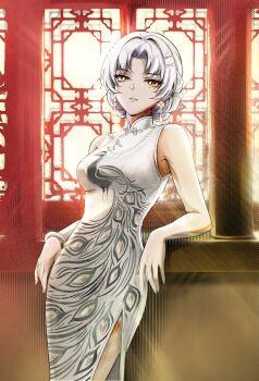 Rule 34 | absurdres, architecture, bracelet, bubblebebe, bubblebebe (artist), china dress, chinese clothes, dress, east asian architecture, head tilt, highres, indie virtual youtuber, jewelry, leaning back, mole, mole under eye, peacock print, virtual youtuber, white dress, white hair, yellow eyes