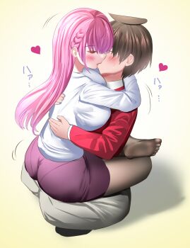 1boy 1girl ass black_hair blush bokutachi_wa_benkyou_ga_dekinai braid breasts closed_eyes couple dress_shirt feet french_kiss glasses groping gu~derenko hetero highres hug kirisu_mafuyu kiss large_breasts long_hair pantylines pencil_skirt pink_hair school_uniform shirt short_hair simple_background sitting skirt straddling teacher teacher_and_student toes yuiga_nariyuki