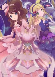 2girls 343rone absurdres antenna_hair arm_garter blonde_hair brown_hair closed_mouth commentary_request diancie dress elbow_gloves eyelashes frills gen_6_pokemon gen_7_pokemon gloves green_eyes grey_eyes hairband hat high_ponytail highres hilda_(pokemon) hilda_(special_costume)_(pokemon) legendary_pokemon lillie_(anniversary_2021)_(pokemon) lillie_(pokemon) long_hair long_sleeves looking_at_viewer lunala mega_diancie mega_pokemon mini_hat multiple_girls mythical_pokemon nintendo official_alternate_costume parted_lips pink_dress pink_headwear pokemon pokemon_(creature) pokemon_masters_ex ponytail sidelocks smile twitter_username