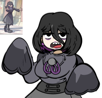 1girl 2025 black_eyes black_hair black_pantyhose black_shoes breasts colored_inner_hair commentary dress earrings english_commentary eyelashes eyeshadow hair_between_eyes hex_maniac_(pokemon) hex_maniac_(pokemon_legends:_z-a) highres jewelry jitome lipstick long_hair long_sleeves makeup medium_breasts medium_hair multicolored_hair neck_ribbon nintendo open_mouth pantyhose pokemon pokemon_legends:_z-a purple_eyeshadow purple_ribbon reference_work ribbon sharp_teeth shoes signature simple_background sleeves_past_wrists solo teeth upper_body white_background wisdomeelart