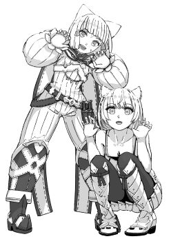 2girls animal_ears boots cat_ears cat_girl chin_bell claw_pose collarbone commentary_request greyscale highres jumpsuit looking_at_viewer mio_(xenoblade) monochrome multiple_girls nia_(xenoblade) pantyhose pleated_skirt simple_background skirt smile squatting standing white_background xenoblade_chronicles_(series) xenoblade_chronicles_2 xenoblade_chronicles_3