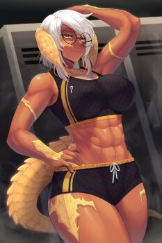 1girl abs absurdres au_ra breasts buttslayer dark-skinned_female dark_skin final_fantasy final_fantasy_xiv glasses highres locker locker_room midriff muscular muscular_female sportswear tan thick_thighs thighs toned white_hair