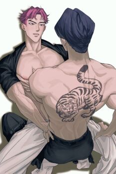 2boys abby_(kpop_demon_hunters) back_tattoo bare_pectorals belt black_belt black_hair black_pants black_shirt collarbone commentary english_commentary hand_on_another&#039;s_hip hand_on_another&#039;s_leg highres jinu_(kpop_demon_hunters) jun927 kpop_demon_hunters lying male_focus multiple_boys muscular muscular_male on_back open_clothes open_shirt pants parted_lips pectorals pink_hair shirt short_hair short_sleeves socks squatting tattoo teeth tiger_tattoo topless_male white_pants white_socks yaoi