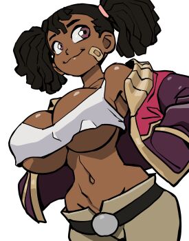1girl armpits ayukawa_miyuki bandaid bandaid_on_face basquash! belt black_hair blush breasts brown_pants closed_mouth curvy dark-skinned_female dark_skin hands_in_pockets highres joel_jurion large_breasts lips looking_at_viewer medium_hair model_pose navel no_bra pants purple_eyes shiny_skin simple_background smile solo stomach sweat tank_top thong twintails unbuttoned white_background white_tank_top wide_hips