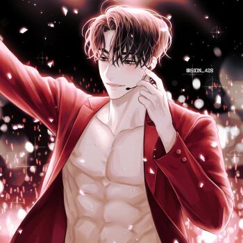 Rule 34 | 1boy, :d, abs, aegyo sal, arm up, black eyes, black hair, blurry, bokeh, commentary request, curtained hair, depth of field, grin, half-closed eyes, headset, highres, korean commentary, male focus, omniscient reader's viewpoint, open clothes, open mouth, open shirt, pectorals, red shirt, shirt, short hair, sion 428, smile, solo, toned, toned male, yoo joonghyuk