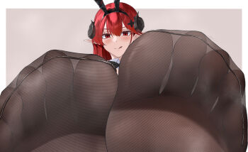 Rule 34 | 1girl, absurdres, animal ears, azur lane, black bow, black bowtie, black horns, black leotard, black pantyhose, bow, bowtie, close-up, commission, feet, foot focus, highres, hindenburg (azur lane), hindenburg (delirious duel) (azur lane), horns, kaijiba, leotard, light blush, long hair, looking at viewer, pantyhose, pixiv commission, playboy bunny, pointy ears, pov, presenting foot, rabbit ears, red eyes, red hair, see-through clothes, see-through legwear, see-through pantyhose, sitting, smirk, soles, toes, tongue, tongue out