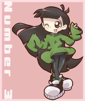 1girl antenna_hair black_hair black_pantyhose black_shoes blush cartoon_network codename:_kids_next_door flat_chest green_eyes green_sweater k-nattoh loli long_hair long_sleeves looking_at_viewer numbuh_3 one_eye_closed open_mouth oversized_clothes oversized_sweater panties panties_under_pantyhose pantyhose pink_background shoes sleeves_past_wrists smile sneakers standing sweater underwear white_panties wind wind_lift wink