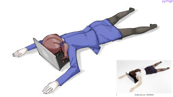 Rule 34 | 1girl, ass, barefoot, blue jacket, blue skirt, brown hair, commentary, computer, d0gduk, english commentary, face down, hair ornament, hair scrunchie, highres, jacket, laptop, meme, noel (tsukihime), on floor, pantyhose, photo-referenced, ponytail, scrunchie, skirt, sleeping, tsukihime, tsukihime (remake), white background