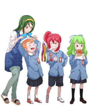 09012732821 4girls absurdres aged_down akehoshi_setsuka anpan apron black_shorts black_skirt blue_apron blue_bow bow brown_shoes clenched_teeth closed_eyes food food_in_mouth green_hair green_pants hair_between_eyes hair_bow hair_ornament hair_scrunchie hairband hasshaku_fumiko highres holding jikkyou_powerful_pro_yakyuu kindergarten_teacher kindergarten_uniform kneehighs kogarashi_ryou koinobori long_hair misono_chika multicolored_bow multiple_girls one_eye_closed open_mouth orange_hair pants paper_hat paper_kabuto pink_scrunchie power_pro_appli red_hair red_shoes sandals scrunchie shirt shoes shorts side_ponytail skirt smile socks teeth white_background white_bow white_shirt white_shoes white_socks windsock yellow_hairband