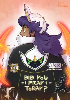 1boy air_jordan arceus baseball_cap cape character_print dark-skinned_male dark_skin dirtyfox911911 from_behind fur-trimmed_cape fur_trim gen_4_pokemon hat highres legendary_pokemon leon_(arc_suit)_(pokemon) leon_(pokemon) male_focus mythical_pokemon nintendo official_alternate_costume pokemon pokemon_masters_ex purple_hair solo yellow_eyes