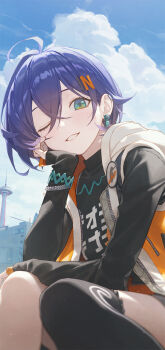 1girl ahoge belle_(zenless_zone_zero) black_shirt black_thighhighs blue_hair blue_sky bracelet building cloud commentary earclip earrings english_commentary fingerless_gloves gloves green_eyes hair_between_eyes head_rest hiera12 highres hood hooded_jacket jacket jewelry lapel_pin necklace one_eye_closed orange_gloves outdoors parted_lips print_shirt shirt short_hair single_fingerless_glove single_glove single_thighhigh sitting sky sleeveless sleeveless_jacket solo thighhighs unzipped zenless_zone_zero zipper