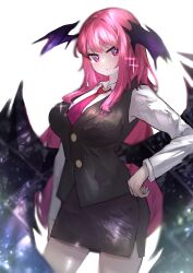Rule 34 | 1girl, absurdres, bat wings, black skirt, breasts, closed mouth, commentary request, getsurai, head wings, highres, koakuma, koakuma day, long hair, long sleeves, looking at viewer, miniskirt, multiple wings, necktie, pink eyes, pink hair, red necktie, simple background, skirt, smile, solo, touhou, white background, wings