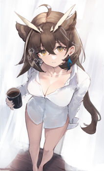 1girl absurdres ahoge arknights breasts brown_eyes brown_hair cleavage collarbone commentary crossed_bangs cup ema_(kuguiema) english_commentary from_above full_body hair_between_eyes highres holding holding_cup indoors large_breasts long_hair long_sleeves looking_at_viewer owl_ears owl_girl shirt silence_(arknights) silence_the_paradigmatic_(arknights) solo squeans standing white_shirt wooden_floor