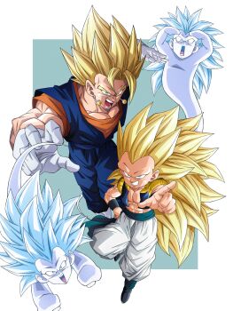 4boys abs artjohnny1020 black_vest blonde_hair blue_pants blue_sash blue_shirt boots border dougi dragon_ball dragonball_z earrings full_body ghost gloves gotenks green_background green_eyes group_picture hand_on_own_hip highres jewelry long_hair medium_hair metamoran_vest multiple_boys muscular muscular_male no_eyebrows no_shirt open_mouth orange_shirt pants parted_lips pointing pointing_at_viewer potara_earrings sash shirt simple_background smirk spiked_hair super_saiyan super_saiyan_1 super_saiyan_3 vegetto vest white_boots white_border white_gloves white_pants