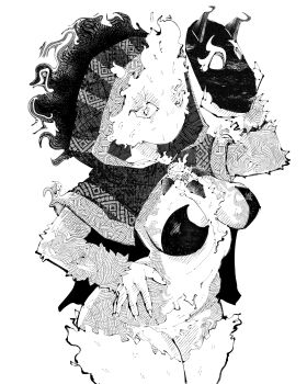 1girl absurdres breasts burning capelet commentary cowboy_shot elemental_(creature) english_commentary fire fire_elemental greyscale hand_on_own_hip highres holding holding_mask hood hood_up hooded_capelet looking_at_viewer mask medium_breasts miregeist monochrome navel no_mouth original revealing_clothes simple_background solo unworn_mask white_background