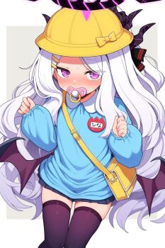 1girl alternate_costume bag blue_archive blue_shirt blue_skirt blush commentary_request dakini_tencho demon_horns demon_wings grey_hair hair_ornament hairclip halo hands_up hat highres hina_(blue_archive) horns kindergarten_uniform long_hair long_sleeves looking_at_viewer miniskirt multiple_horns name_tag pacifier parallel_hairclips pleated_skirt puffy_long_sleeves puffy_sleeves purple_eyes purple_halo purple_horns purple_thighhighs purple_wings school_hat shirt shoulder_bag sitting skirt solo thighhighs very_long_hair wavy_hair wings yellow_bag yellow_hat