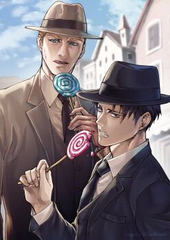 2boys absurdres black_hair black_jacket black_necktie blue_eyes building candy clenched_teeth collared_shirt erwin_smith fedora food furrowed_brow grey_hat grey_jacket hat highres holding holding_candy holding_food holding_lollipop jacket levi_(shingeki_no_kyojin) lollipop male_focus mskei multiple_boys necktie shingeki_no_kyojin shirt short_hair suit_jacket teeth thick_eyebrows tongue tongue_out town twitter_username white_shirt