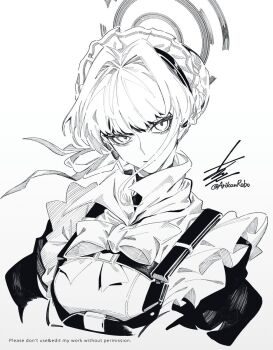 Rule 34 | 1girl, apron, arikanrobo, black shirt, blue archive, bow, bowtie, commentary request, cropped torso, eyelashes, eyeshadow, frills, hair bun, hair ribbon, halo, headset, highres, looking at viewer, maid apron, maid headdress, makeup, mechanical halo, medium hair, microphone, monochrome, popped collar, portrait, ribbon, shirt, sidelocks, signature, solo, tactical clothes, toki (blue archive), turtleneck, twitter username, watermark, white background