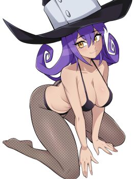 Rule 34 | 1girl, black bra, blair (soul eater), bra, breasts, cleavage, closed mouth, collarbone, commentary, double-parted bangs, english commentary, fishnet pantyhose, fishnets, full body, grey pantyhose, hair between eyes, hat, highres, kneeling, large breasts, long hair, looking at viewer, no shoes, oninuer, pantyhose, purple hair, simple background, smile, solo, soul eater, underwear, white background, witch hat, yellow eyes