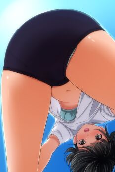 1girl absurdres ass black_hair blue_bra blue_buruma blue_panties bra brown_eyes buruma commentary_request gym_uniform highres looking_at_viewer matsunaga_kouyou navel open_mouth original panties panties_under_buruma panty_peek polka_dot polka_dot_bra shirt short_hair short_sleeves solo underwear upshirt white_shirt
