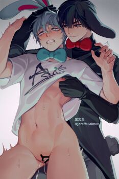 2boys alien_stage animal_ears black_hair blue_bow blue_bowtie bottomless bow bowtie censored chinese_commentary clenched_teeth clothed_sex clothes_lift commentary_request cum cum_in_pussy cuntboy cuntboy_with_male drooling formal_clothes grabbing_another&#039;s_ear grey_hair hand_on_another&#039;s_ear highres ivan_(alien_stage) joraffasalmon male_focus multiple_boys navel nipple_stimulation nipple_tweak penis pussy rabbit_boy rabbit_ears rabbit_tail red_bow red_bowtie sex shirt_lift short_hair simple_background standing standing_sex suit tail teeth till_(alien_stage) vaginal white_background