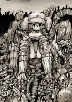 1girl armor female_focus furby greyscale hair_bobbles hair_ornament hat kawashiro_nitori machine monochrome ofuro_mantarou one-piece_swimsuit outdoors school_swimsuit short_hair sitting sky solo swimsuit touhou twintails weapon yukkuri_shiteitte_ne