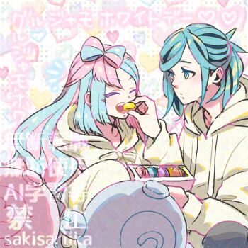 1boy 1girl alternate_costume blue_eyes blue_hair bow-shaped_hair closed_eyes commentary_request feeding food grusha_(pokemon) heart hetero holding holding_food iono_(pokemon) looking_at_another macaron multicolored_hair nintendo open_mouth pink_hair pokemon pokemon_sv sariika_(sakisariika) sharp_teeth sweater teeth two-tone_hair watermark yellow_sweater