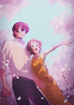 1boy 1girl belt black_pants blue_eyes blush bob_cut brown_hair cherry_blossoms couple dating denim falling_petals flirting happinesscharge_precure! heart heart-shaped_pupils highres holding holding_hands jeans long_sleeves looking_to_the_side mature_female mature_male oomori_yuuko open_mouth overalls pants parted_bangs petals phantom_(happinesscharge_precure!) precure red_hair ribbon shirt short_hair symbol-shaped_pupils wasa7subi white_shirt yellow_overalls yellow_shirt