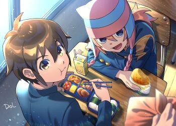 2boys animal_ear_headwear animal_ears beanie bento blue_jacket bread brown_eyes brown_hair chair chopsticks classroom desk dolustoy drink_carton drinking_straw earflap_beanie eating fake_animal_ears food food_wrapper furoshiki gakuran handa_shin&#039;ichi hat highres holding holding_chopsticks holding_food inazuma_eleven inazuma_eleven_(series) jacket juice_box looking_at_viewer lunchbox male_focus matsuno_kuusuke melon_bread multiple_boys omelet on_chair on_desk onigiri open_mouth orange_hair raimon raimon_school_uniform school_chair school_desk school_uniform sitting tamagoyaki tomato window wrapped_bento