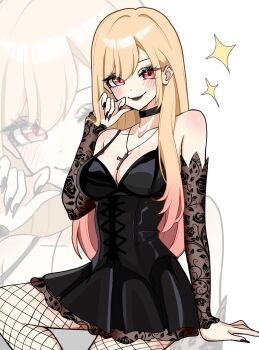 1girl black_choker black_dress black_lips blonde_hair blush breasts choker cleavage dress fishnets gloves goth_fashion highres kitagawa_marin light_smile miovartz red_eyes solo_focus sono_bisque_doll_wa_koi_wo_suru white_background zoom_layer