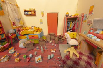 absurdres alarm_clock animal_slippers bed bedroom book bookshelf bottle box calendar_(object) cardboard_box carpet chair clock clothes_hanger commentary computer_keyboard computer_mouse cup curtains desk diorama_(medium) door english_commentary grem_(gigi_murin) headphones headset highres hololive hololive_english i&#039;ll_still_be_here indoors izzy_delore lamp making-of mug nightstand no_humans office_chair official_art photo_(medium) pillow poster_(object) shelf slippers still_life string_of_photos stuffed_animal stuffed_toy swivel_chair trash_can unconventional_media virtual_youtuber wardrobe water_bottle window