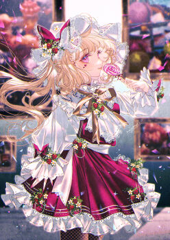 1girl adapted_costume blonde_hair blurry blurry_background bow candy collared_shirt commentary_request cowboy_shot eyebrows_hidden_by_hair eyelashes facing_to_the_side fishnets flandre_scarlet floral_print flower food frilled_shirt_collar frilled_skirt frills gold_choker hat hat_bow heart highres holding holding_candy holding_food holding_lollipop licking lollipop long_sleeves majamari medium_hair mob_cap nail_polish painting_(object) partial_commentary picture_frame pink_eyes red_bow red_nails red_skirt red_vest sash shards shirt side_ponytail skirt skirt_set sleeves_past_wrists solo sparkle tongue tongue_out touhou vest white_sash