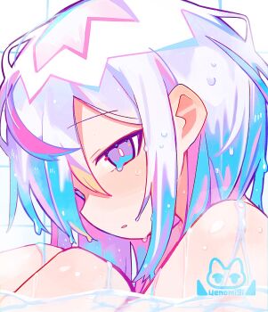 1girl artist_name blue_hair bright_pupils feet_out_of_frame highres knees_up multicolored_hair nude original parted_lips partially_submerged pink_hair purple_eyes sidelocks simple_background sitting solo uenomigi wet wet_hair white_background white_hair white_pupils