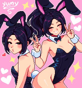 1girl animal_ears artist_self-insert bare_legs bare_shoulders black_bow black_bowtie black_eyes black_hair black_leotard blush bow bowtie character_name closed_eyes commentary covered_navel detached_collar double_v english_commentary fake_animal_ears fake_tail grin hairband heart high_ponytail highleg highleg_leotard highres leotard long_hair looking_at_viewer multiple_views pink_background pixel_art playboy_bunny ponytail pursed_lips rabbit_ears rabbit_tail simple_background smile sparkle strapless strapless_leotard tail v wrist_cuffs yumykon yumykon_(yumykon) yumyverse