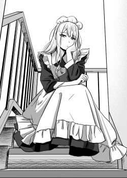 1girl :/ apron commentary_request dress full_body greyscale head_rest highres hirapapa long_dress long_hair maid maid_apron maid_headdress monochrome original railing sitting solo stairs