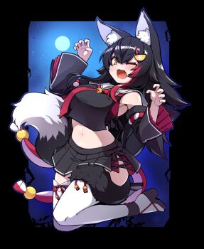1girl :d animal_ear_fluff animal_ears black_hair black_serafuku black_shirt black_skirt black_sleeves blush claw_pose crop_top crop_top_overhang cropped_shirt cross-laced_slit curvy detached_sleeves double-parted_bangs flipped_hair framed full_body full_moon hair_ornament hairclip highres hololive jb_jagbung jumping kouhaku_nawa long_hair looking_at_viewer low-tied_long_hair midriff miniskirt moon multicolored_hair navel necktie ookami_mio ookami_mio_(1st_costume) open_mouth pleated_skirt red_hair red_necktie rope sailor_collar school_uniform serafuku shimenawa shirt side-tie_skirt side_slit sidelocks skirt sleeveless sleeveless_shirt smile solo spiked_hair streaked_hair tabi tail tail_around_own_leg tail_wrap thighhighs very_long_hair virtual_youtuber white_hair white_sailor_collar white_thighhighs wolf_ears wolf_girl wolf_tail yellow_eyes