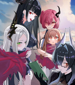 +_+ absurdres armor bahamut_(nikke) bare_shoulders behemoth_(nikke) black_armor black_bodysuit black_gloves black_hair black_horns black_jacket black_liquid black_necktie black_shirt black_sleeves blue_sky blunt_bangs bodystocking bodysuit boobplate book breastplate breasts brown_hair cloud cloudy_sky collarbone commentary crop_top crossed_bangs detached_sleeves dress ear_piercing forehead four_beasts_(nikke) glasses gloves goddess_of_victory:_nikke green_eyes grey_hair hair_between_eyes hair_intakes hair_over_one_eye highres holding holding_book horns hug hug_from_behind jacket korean_commentary large_breasts leviathan_(nikke) liquid_clothes long_hair looking_at_viewer midriff multicolored_hair multiple_girls navel neck_tattoo necktie one_side_up only_one_(nikke) open_mouth parted_bangs parted_lips piercing pink_hair red_eyes red_scarf scarf see-through_clothes seoeunred shirt sideboob sidelocks single_horn sky sleeveless sleeveless_dress small_breasts standing tattoo teeth tongue tongue_out turtleneck upper_body upper_teeth_only upside-down_book very_long_hair white_dress ziz_(nikke)