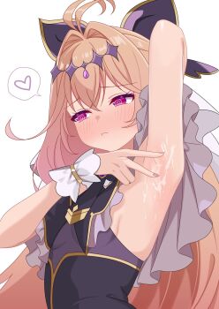 1girl :t @_@ ahoge antenna_hair arm_up armpits blonde_hair blush bow breasts circlet closed_mouth cum cum_on_body cum_on_hands cure_arcana_shadow dress frills furrowed_brow hair_between_eyes hair_bow hair_intakes hair_ornament heart loli long_hair looking_to_the_side meitantei_precure! mitsuboshi_nuko moria_luluka pink_eyes pink_nails pout precure presenting_armpit purple_dress purple_eyes sideboob simple_background small_breasts solo speech_bubble spoken_heart upper_body v white_background wrist_cuffs
