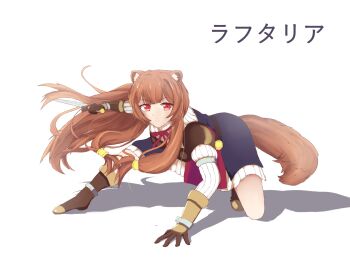 Rule 34 | 1girl, animal ear fluff, animal ears, armor, belt, black dress, boots, breastplate, breasts, brown belt, brown boots, brown gloves, brown hair, character name, closed mouth, collared dress, commentary, dress, eyelashes, floating hair, full body, gloves, hand on ground, high collar, highres, holding, holding sword, holding weapon, knee boots, layered dress, leather, leather armor, leather gloves, light smile, long hair, long sleeves, looking at viewer, medium breasts, metal ankle cuffs, metal hair tubes, on one knee, pauldrons, pinstripe dress, pinstripe pattern, raccoon ears, raccoon girl, raccoon tail, raphtalia, red dress, red eyes, reverse grip, short dress, shoulder armor, simple background, single pauldron, sleeveless, sleeveless dress, solo, soveno, sword, tail, tate no yuusha no nariagari, translated, two-tone dress, v-shaped eyebrows, weapon, white background, white dress