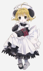 Rule 34 | 1girl, antenna hair, apron, armband, blonde hair, di gi charat, dress, full body, green eyes, hano luno, hat, highres, long sleeves, looking at viewer, maid, mary janes, nurse cap, open mouth, piyoko, shoes, short hair, skirt hold, smile, socks, solo